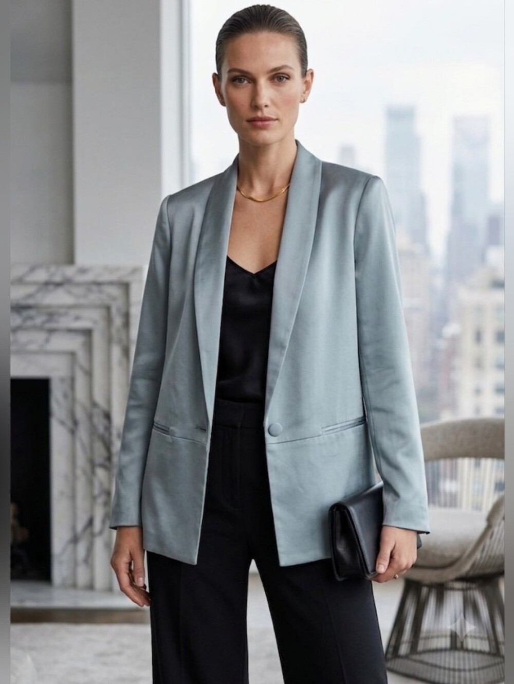 ​DREW Blue Satin Single Button Blazer Jacket Size M Shawl Collar Modern Luxury